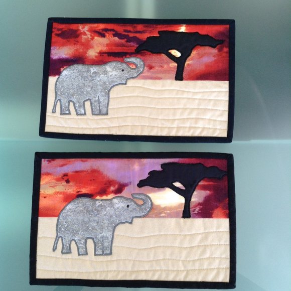 Quilted Mug Rug Lucky Trunk Up Elephant African Serengeti Snack Mats - Picture 1 of 8